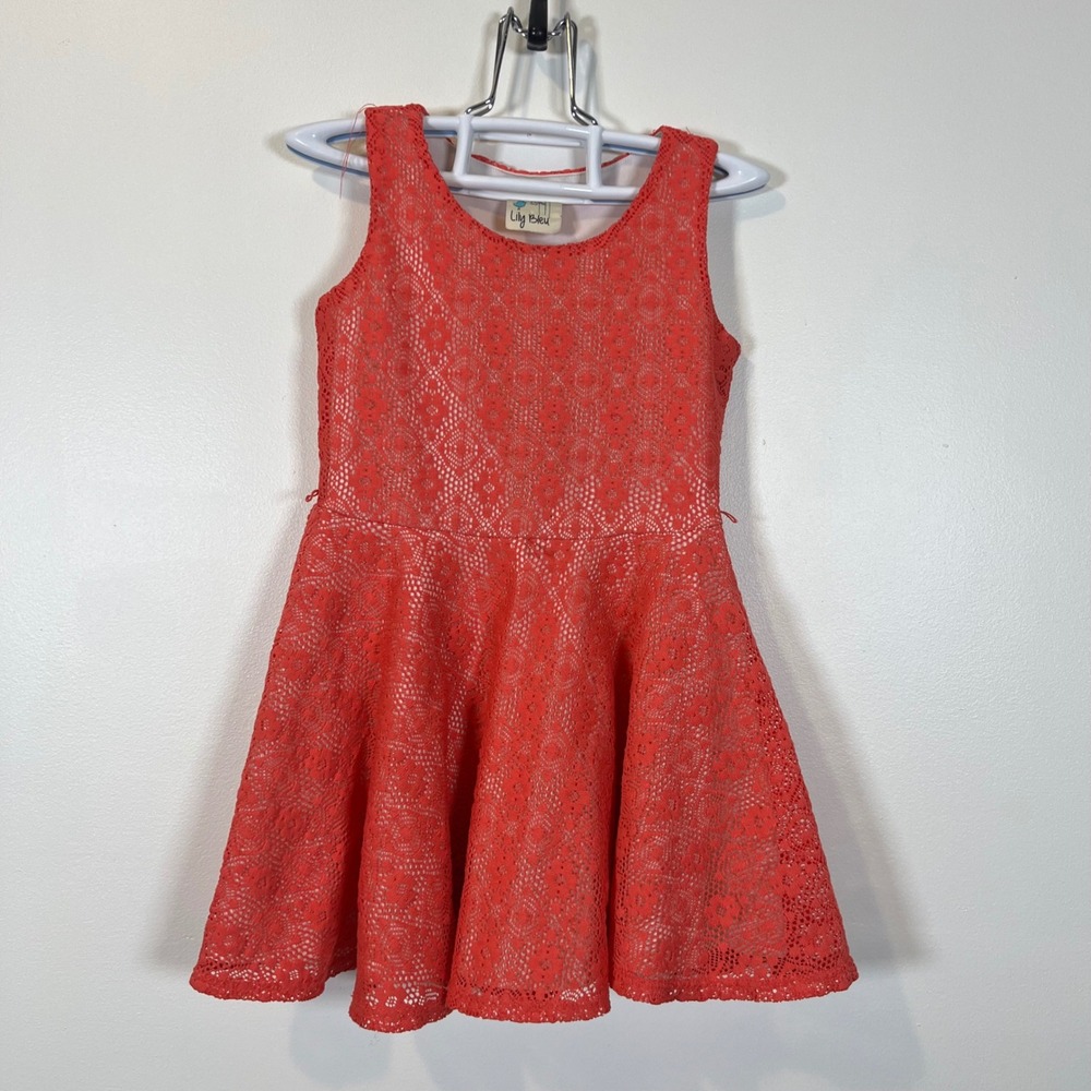 Lily Bleu Girls Coral Orange Floral Lace Skater Dress Size 4 Sleeveless Party